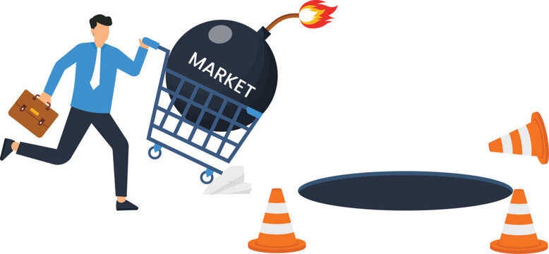 Businessman running pushing market bomb shopping cart toward deep pitfall symbolizing financial danger economic crisis investment trap business risk warning cones