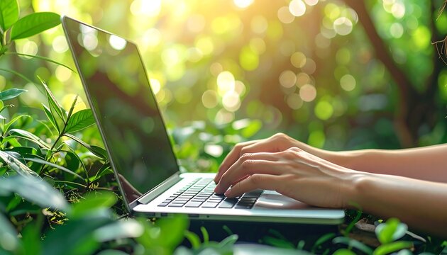 A person types on a laptop amidst lush greenery, bathed in sunlight. Focus is on hands and keyboard, blurring the background