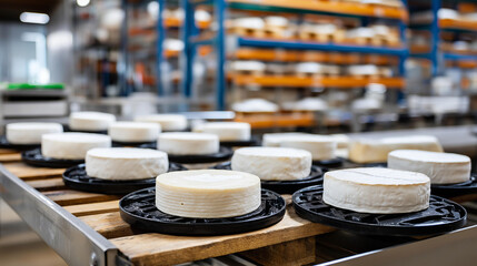 Fresh cheese heads on rack in factory warehouse, dairy storage, production facility, defocused racks, with copy space