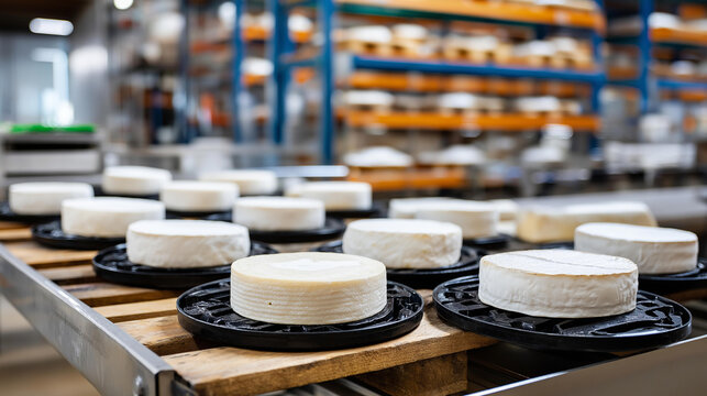Fresh cheese heads on rack in factory warehouse, dairy storage, production facility, defocused racks, with copy space