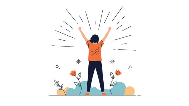 Person stands with their back turned and arms raised high in a victory pose surrounded by abstract light rays and colorful floral elements.