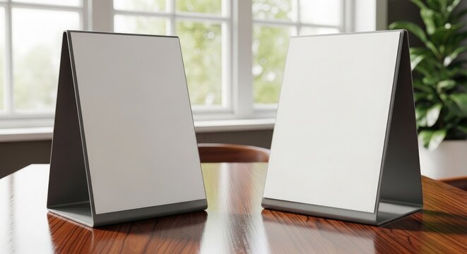 Two blank menu boards on a wooden table by a window