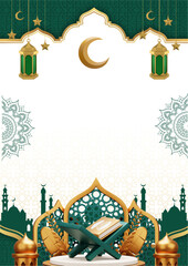 ramadhan kareem. islamic greetings ramadan kareem card design background with lanterns and crescent moon. vector illustration © Wiwit