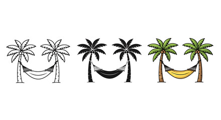 Illustrated palm trees with colorful hanging hammocks between them