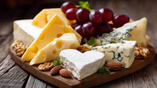 Cheese plate with various types of cheese, nuts and grapes arranged in shape of heart on defocused wooden background, St. Valentine's day celebration, creamery cheese factory banner, with