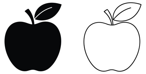 Fototapeta premium Simple graphic presentation comparing a solid black silhouette icon of an apple fruit next to an outlined vector drawing of the same fruit for design versatility