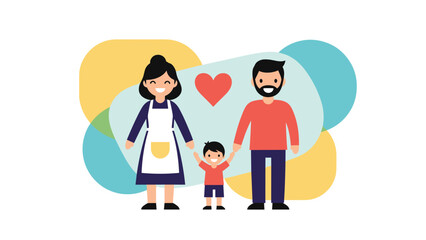 Happy family of three consisting of a father, mother in an apron, and a young son holding hands with a red heart.