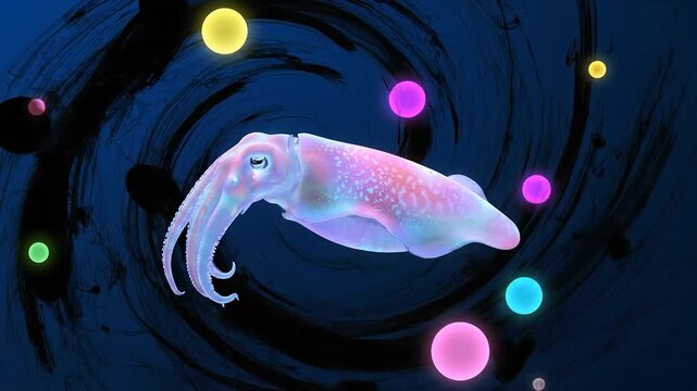 Abstract illustration of a luminous cuttlefish swimming in a colorful environment