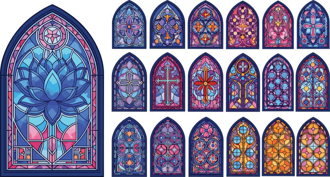 Set of gothic stained glass window vectors with colorful floral and geometric patterns, blue lotus design, cathedral style church glass mosaic art illustrations.