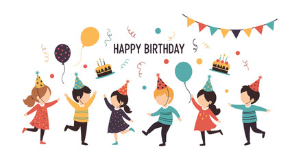 Fototapeta premium Joyful children in party hats dancing and celebrating a happy birthday with colorful balloons, cakes, confetti, and festive banners in the air.