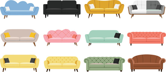 Collection of modern colorful sofa and couch vector illustrations in various styles including chesterfield mid century modern and contemporary lounge furniture designs © MDFiroj