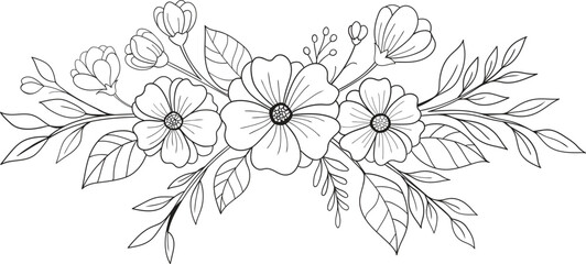 Simple black and white illustration of floral and leaf elements © The Artist
