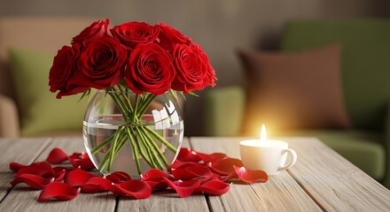 Obraz premium Romantic setting with red roses in a vase on a wooden table with a candle