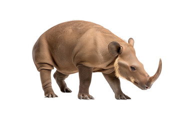 Obraz premium A close-up of a unique creature with a stout body and distinctive horn, set against a white isolated background.