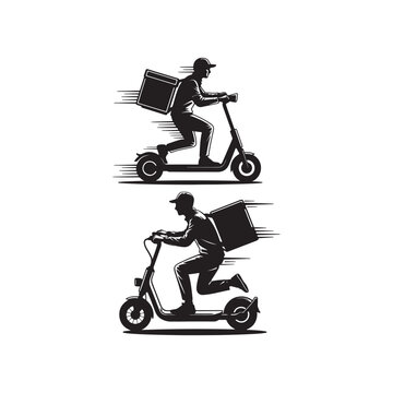 Delivery couriers on electric scooters with cargo boxes in motion blur