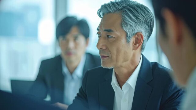 Business Meeting: A focused business professional leads a discussion, engaging with colleagues in a modern office environment.