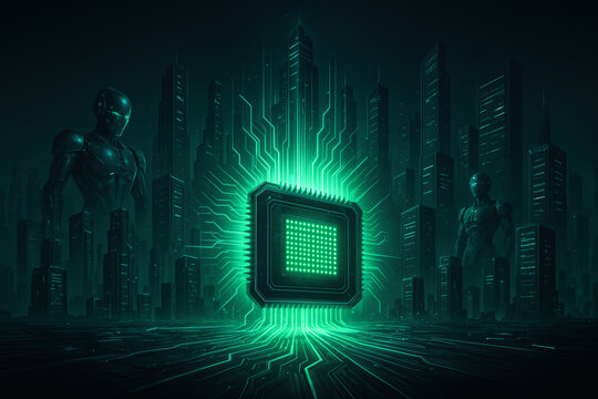 NVIDIA GTC 2026 inspired glowing microchip heart powering futuristic robotic city AI hardware boom semiconductor GPU computing generative AI data streams