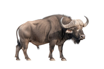 Obraz premium Majestic buffalo standing proudly against a white isolated background, showcasing its powerful physique and natural beauty.