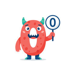 Fototapeta premium A cartoon red monster holding a magnifying glass with zero inside.