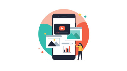 Large smartphone screen displaying various multimedia apps including video player, image gallery, and data charts with a woman.