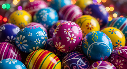 Fototapeta premium Pile colorful painted Easter eggs closeup
