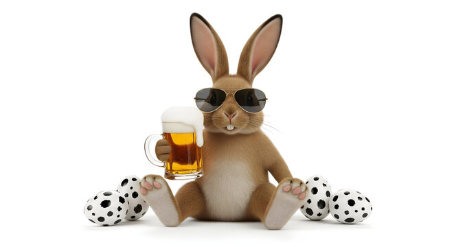 Funny bunny with beer mug isolated
