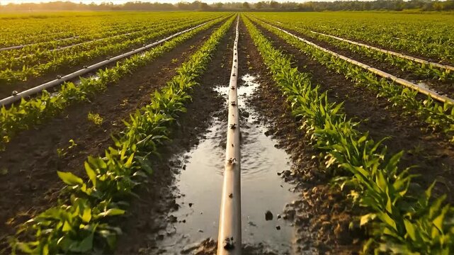 Agricultural field with irrigation system and growing green plants