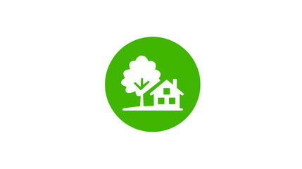 A white house and tree are contained within a green circle, set on a white background