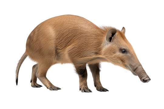 A single, brown, baby babirusa standing on a white isolated background.