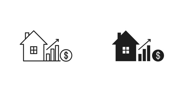 Minimalist black and white illustration of a house with upward trending bar chart and dollar sign symbolizing real estate investment growth and financial success.