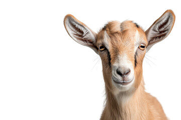 Obraz premium A curious young goat with expressive eyes, isolated against a clean white background, perfect for educational or wildlife projects.