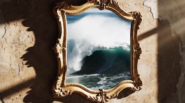 Powerful ocean wave contained within an ornate golden picture frame on a textured wall, suitable for travel, nature, environmental, artistic, or conceptual projects.