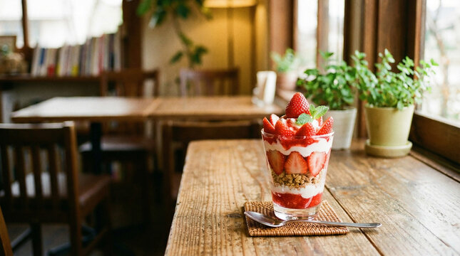 お洒落なカフェの木のテーブルに置かれた新鮮な苺のパフェ