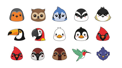 A collection of cute cartoon bird heads with various expressions © Tujuenam