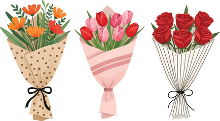Three bouquets of tulips in different colors and wrappings