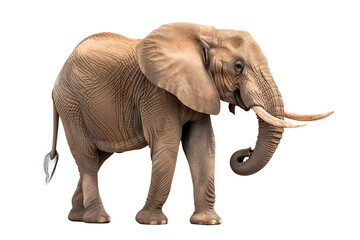 Obraz premium A majestic elephant standing proudly with its trunk raised, showcasing its powerful presence and intricate skin texture.