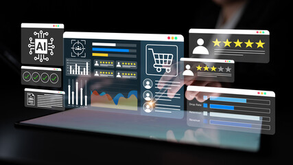 Explore a modern digital interface showcasing analytics, e-commerce features, and customer reviews,...