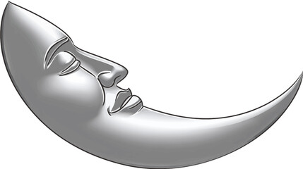 A crescent moon with a stylized face in grayscale. It's white background