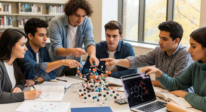 Students collaborating on molecular model in a modern study room