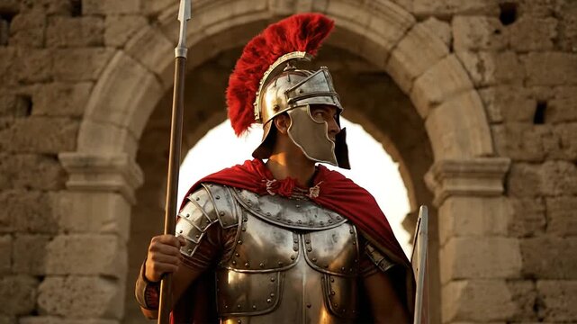 Ancient warrior in armor standing with spear and shield historical concept