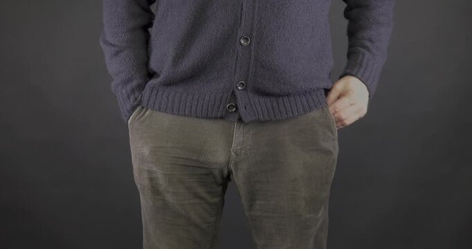Closeup man body without money in pocket and empty hand on background poor people concept