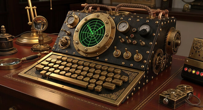 Vintage-style retro computer with steampunk design on a wooden desk