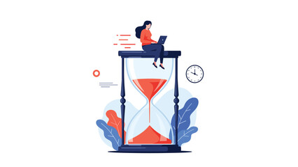 Obraz premium Young woman sitting on top of a giant hourglass while focused on working on her laptop against a white background.