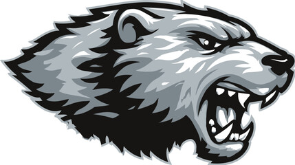 A fierce, aggressive head of a snarling, stylized, grayscale animal with sharp teeth