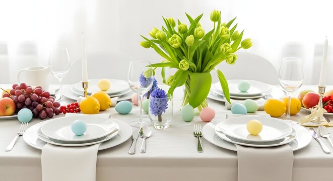 Easter table setting ideas with spring florals and colorful eggs