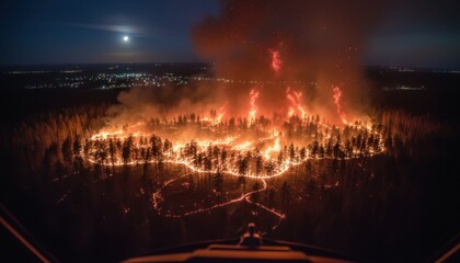 Obraz premium Large forest fire burning at night across a dense woodland with bright orange flames and smoke. Wildfire disaster management and ecological impact concept.