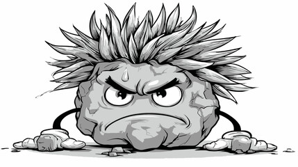 A grayscale illustration depicts an angry anthropomorphic rock with spiky hair and cartoonish features