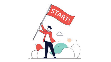 Businessman holding a large red flag with the word START written on it in bold white letters against an abstract background.