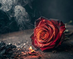 Burnt red rose on fire with smoke and embers on dark background