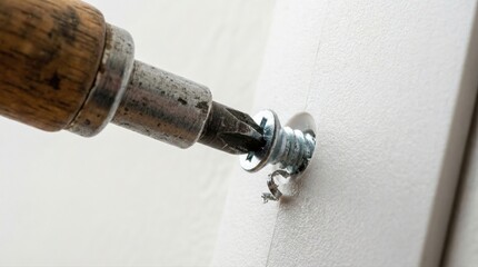 Screwdriver turning a screw into a white surface with debris drilling fastening